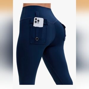 Scrunch Butt Lifting Cargo Leggings Pockets High Waist Tummy Control Sz L Navy